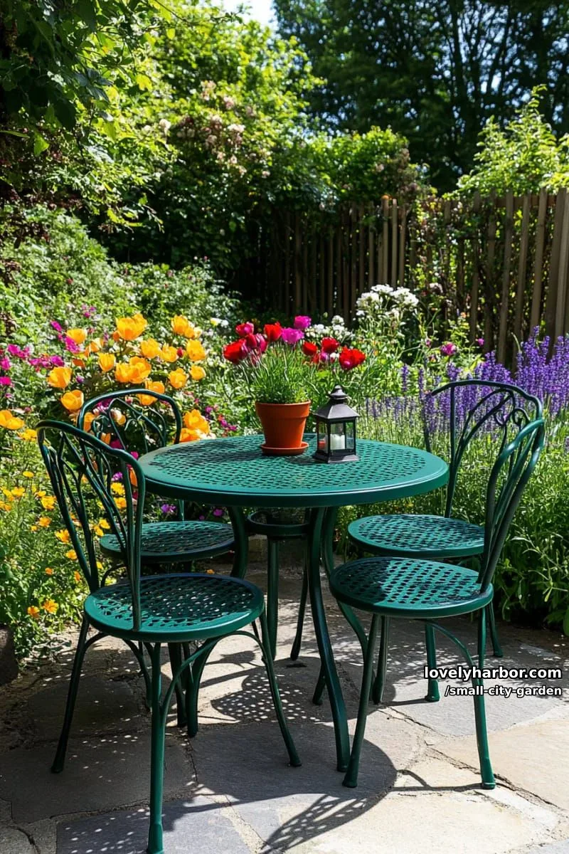 20 Small City Garden To Transform Your Space 6 garden dining area with green metal table, colorful flower beds, and willow fencing. 1
