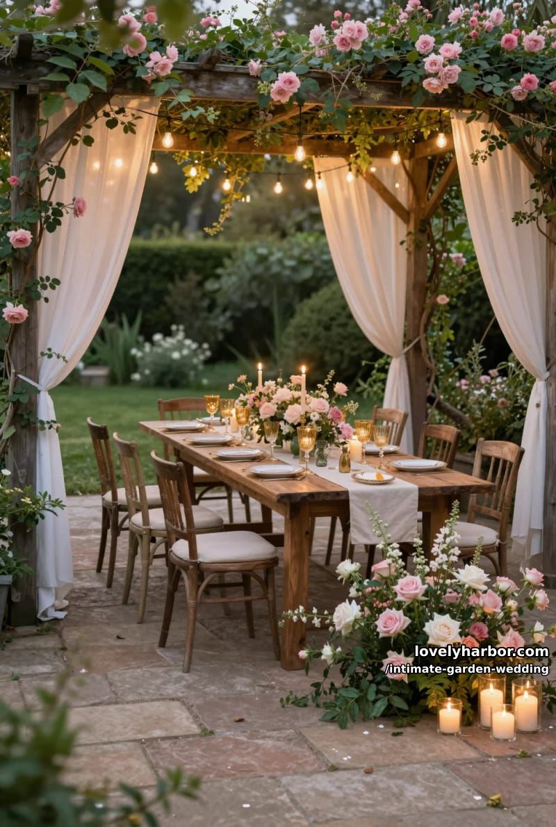 garden dinner under pergola, pink flowers, string lights, rustic tables, candles 1