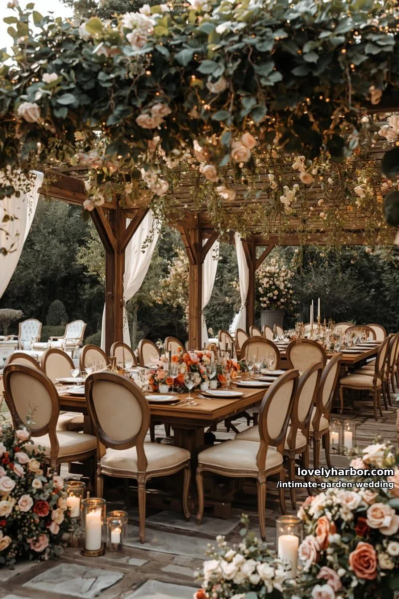 garden dinner under pergola, pink flowers, string lights, rustic tables, candles 1