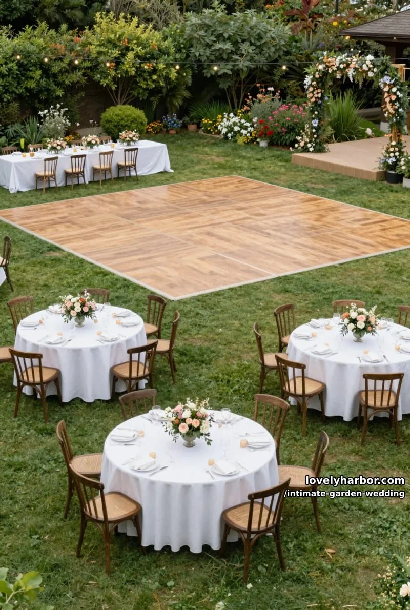 garden event with dance floor, floral centerpieces, string lights, and raised platform 1