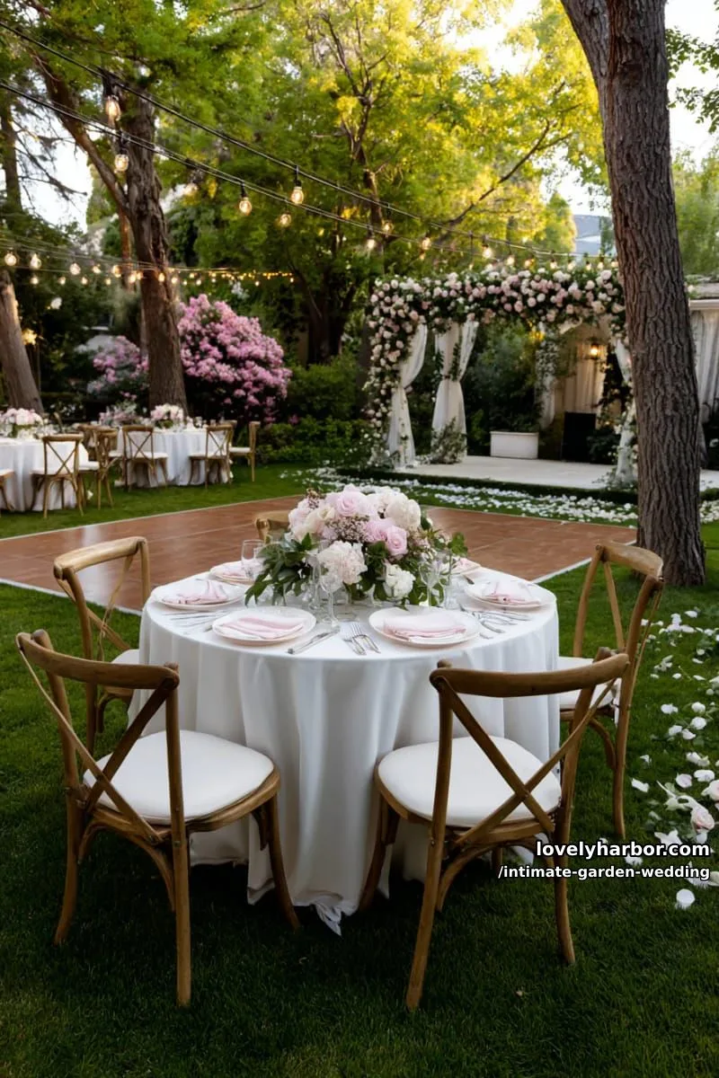 garden event with dance floor, floral centerpieces, string lights, and raised platform 1