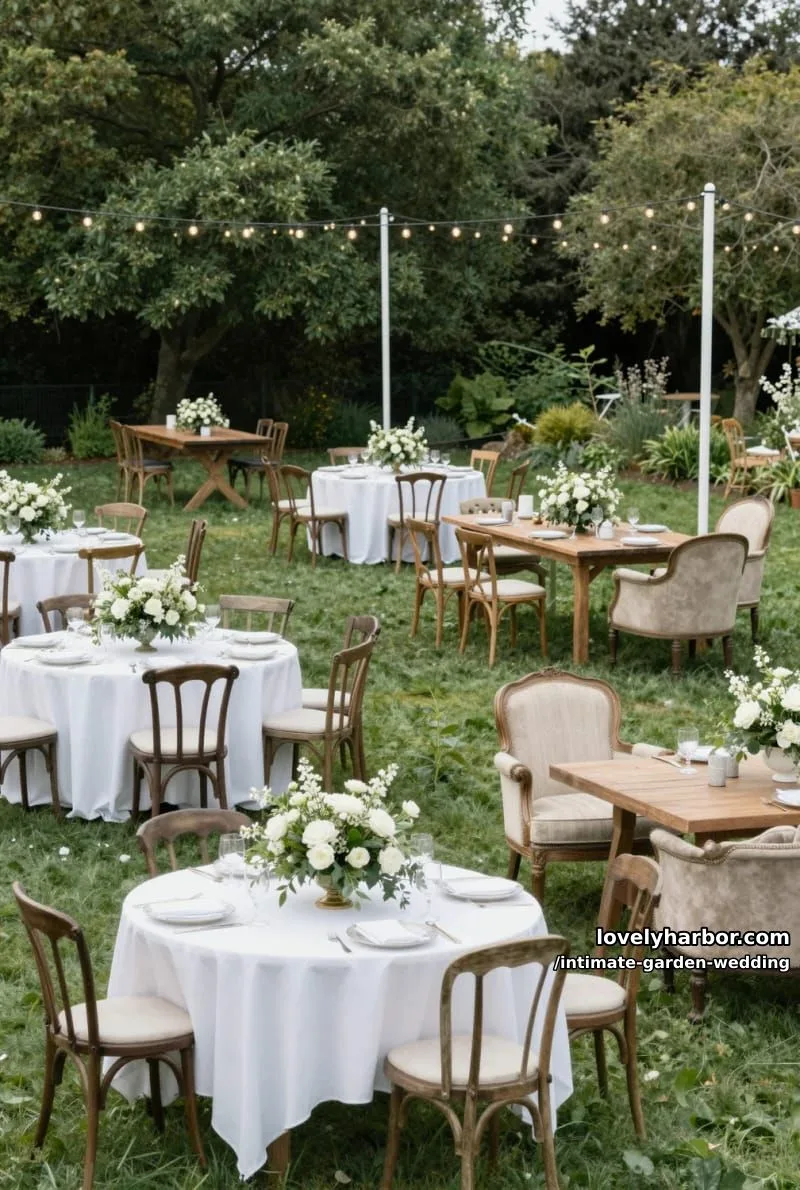 garden event with mixed table shapes, floral centerpieces, and overhead string lights 1