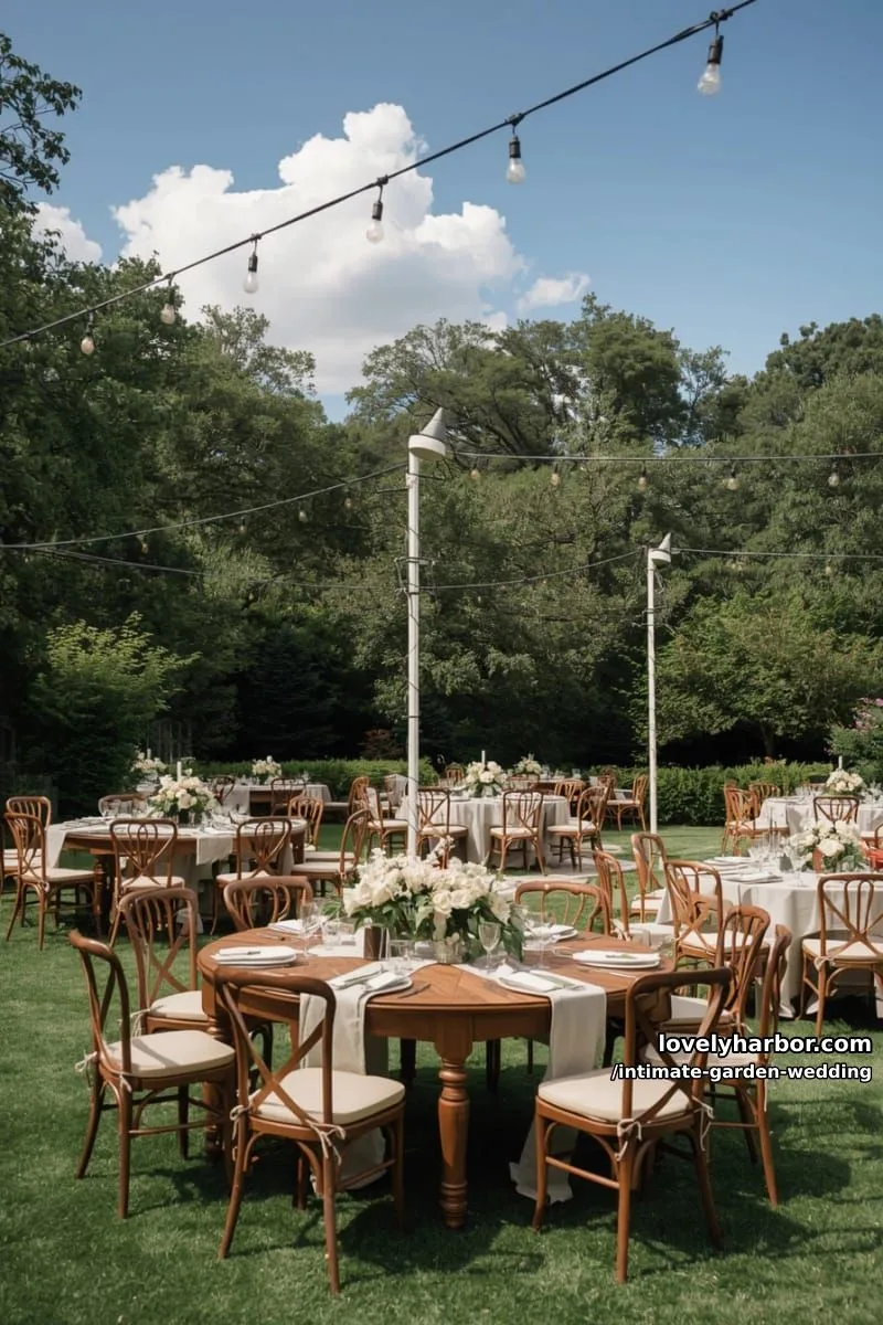 garden event with mixed table shapes, floral centerpieces, and overhead string lights 1