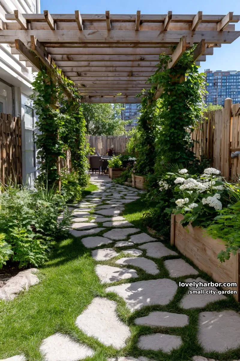 20 Small City Garden To Transform Your Space 32 garden pathway with stone pavers, wooden beds, climbing vines, and pergola. 1