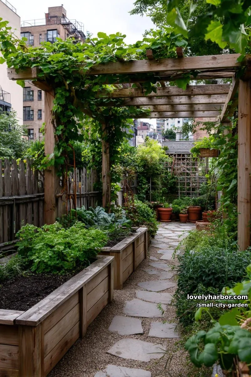 20 Small City Garden To Transform Your Space 33 garden pathway with stone pavers, wooden beds, climbing vines, and pergola. 1