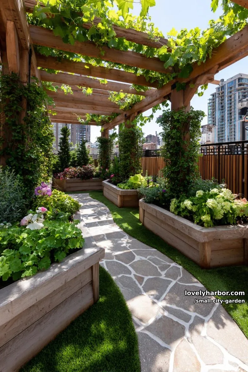 20 Small City Garden To Transform Your Space 34 garden pathway with stone pavers, wooden beds, climbing vines, and pergola. 1