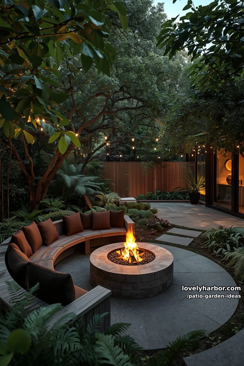 garden patio with circular fire pit, curved bench, and string lights. 1
