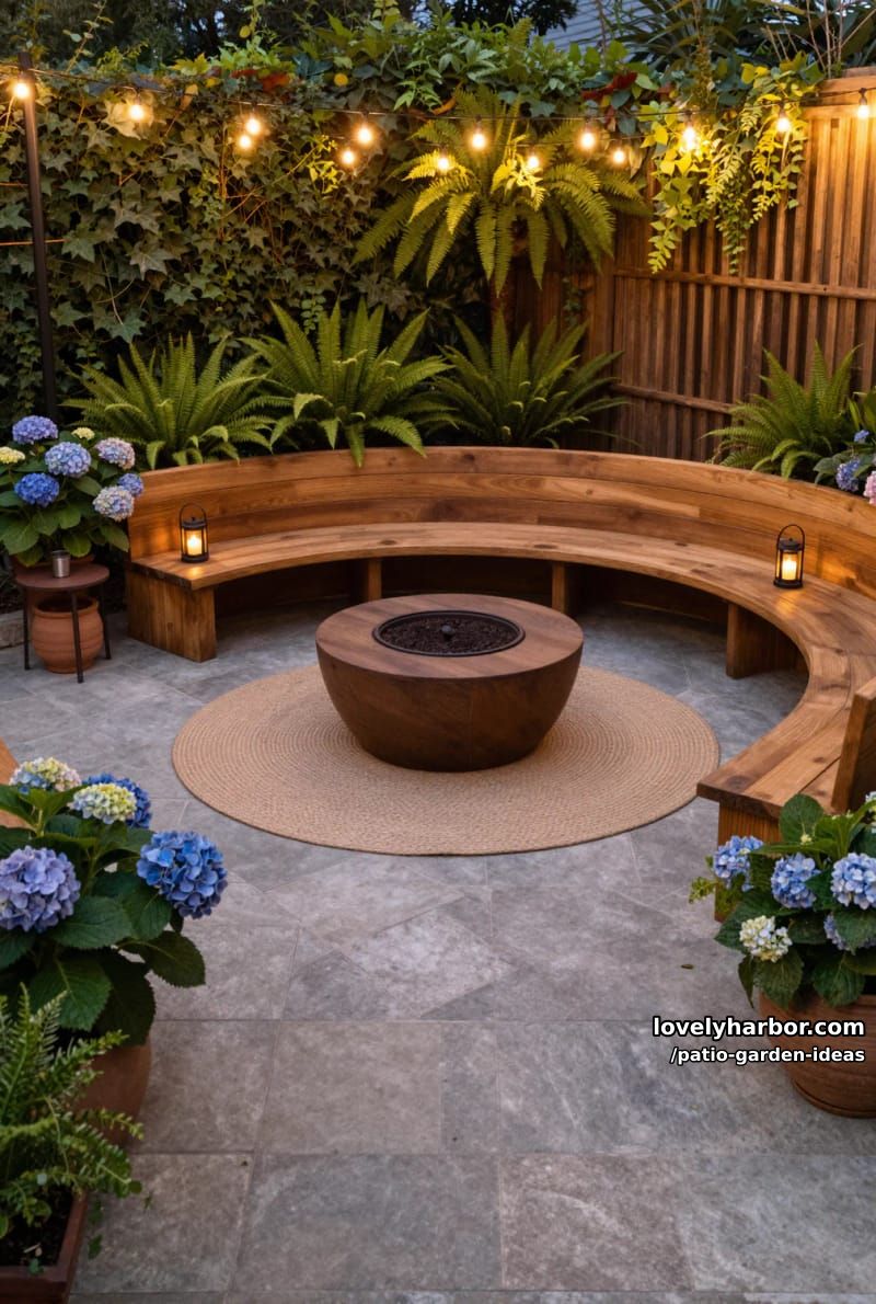 garden patio with circular fire pit, curved bench, and string lights. 1