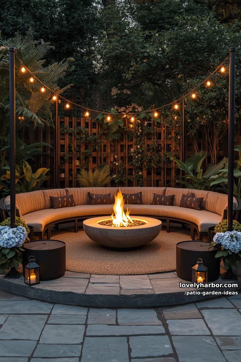 garden patio with circular fire pit, curved bench, and string lights. 1