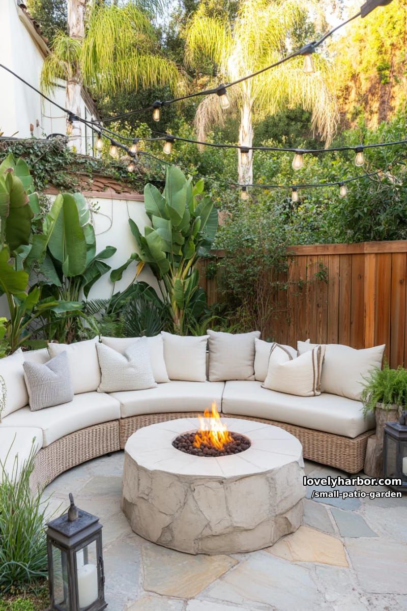 garden patio with fire pit, circular seating, string lights, and tropical plants. 1