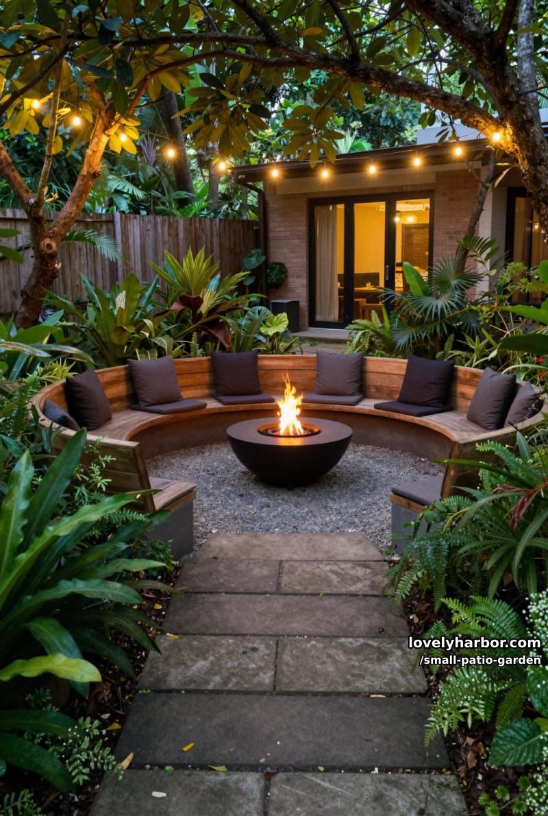 garden patio with fire pit, circular seating, string lights, and tropical plants. 1