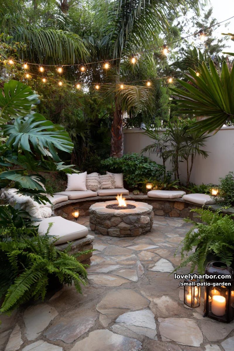 garden patio with fire pit, circular seating, string lights, and tropical plants. 1