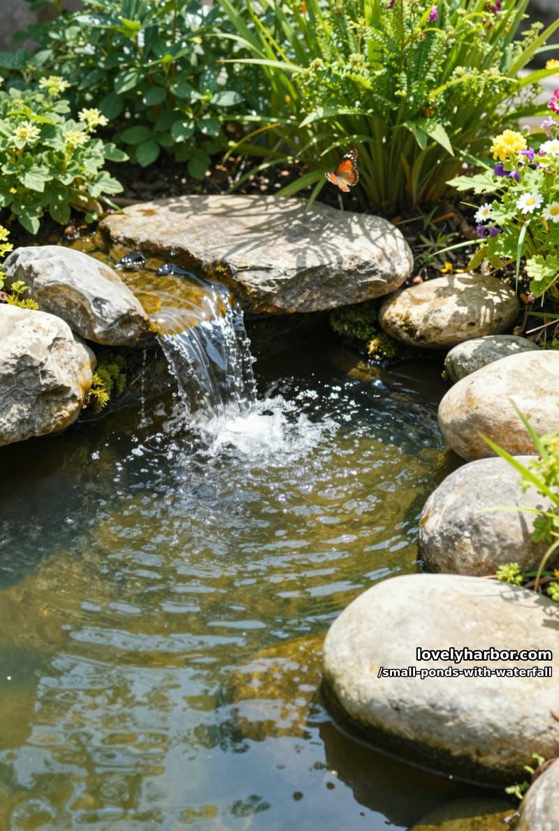 garden pond with gentle waterfall, flowering plants, moss, and butterfly. 1