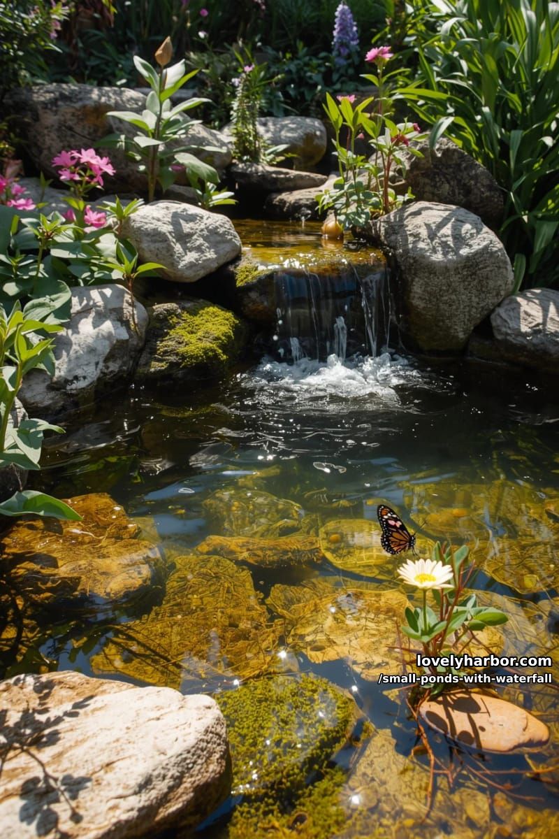 garden pond with gentle waterfall, flowering plants, moss, and butterfly. 1
