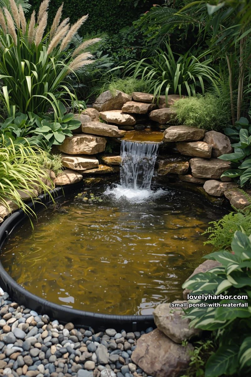garden pond with plastic liner, cascading waterfall, and lush plants. 1