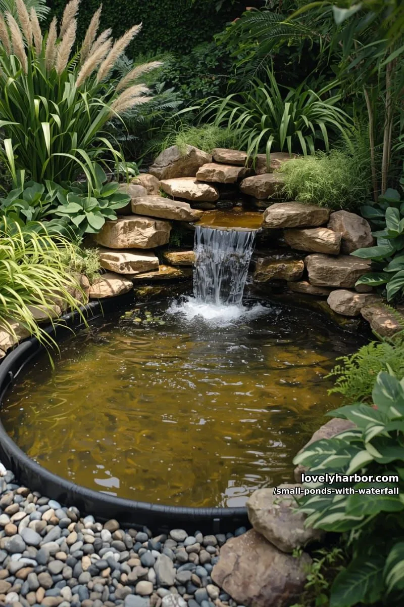 20 Small Ponds With Waterfall Designs For A Relaxing Outdoor Space 26 garden pond with plastic liner, cascading waterfall, and lush plants. 1