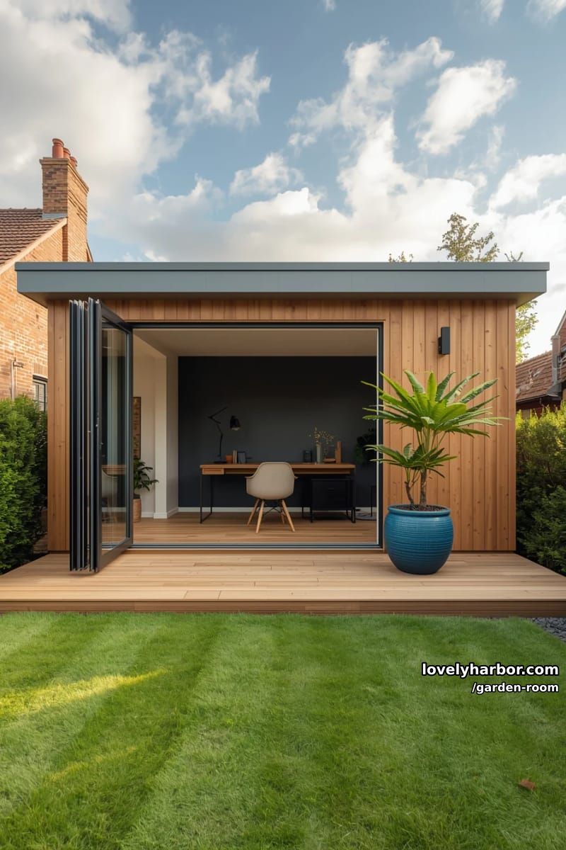 garden room with floor-to-ceiling glass doors and desk workspace. 1