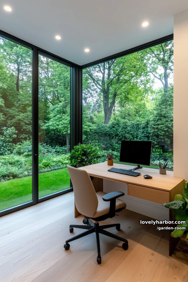 garden room with floor-to-ceiling glass doors and desk workspace. 1