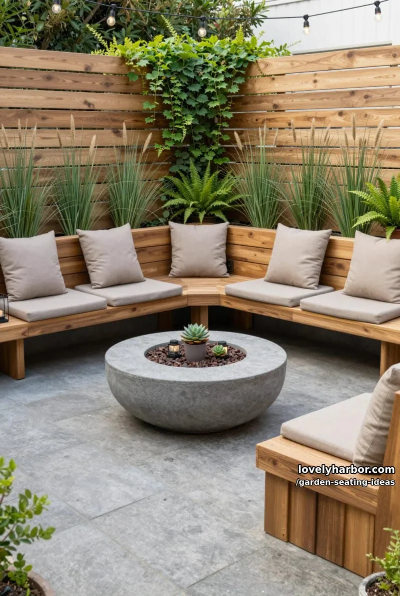 garden seating with l-shaped benches, fire pit, privacy fence, and greenery 1