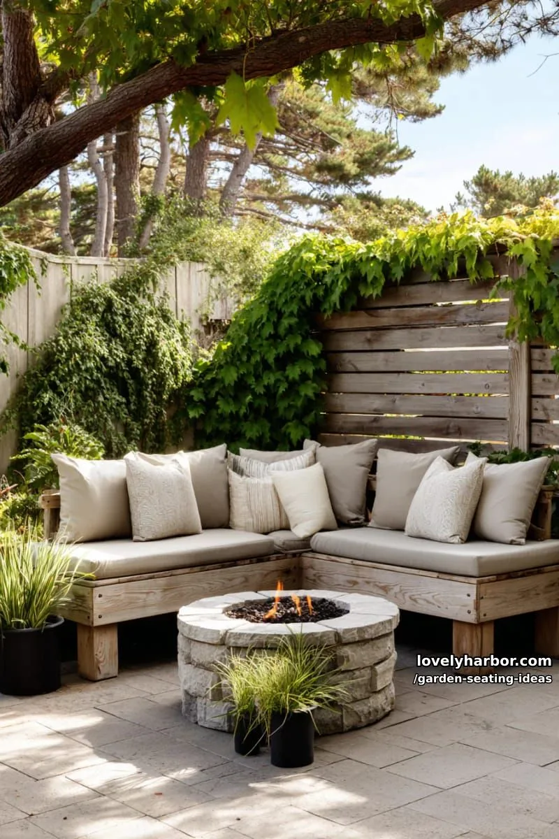 garden seating with l-shaped benches, fire pit, privacy fence, and greenery 1