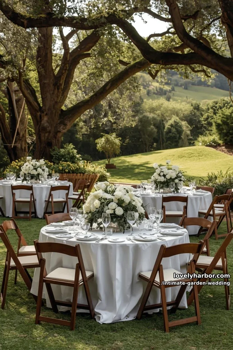 garden setting with round tables, white linens, white floral centerpieces, sun-dappled 1