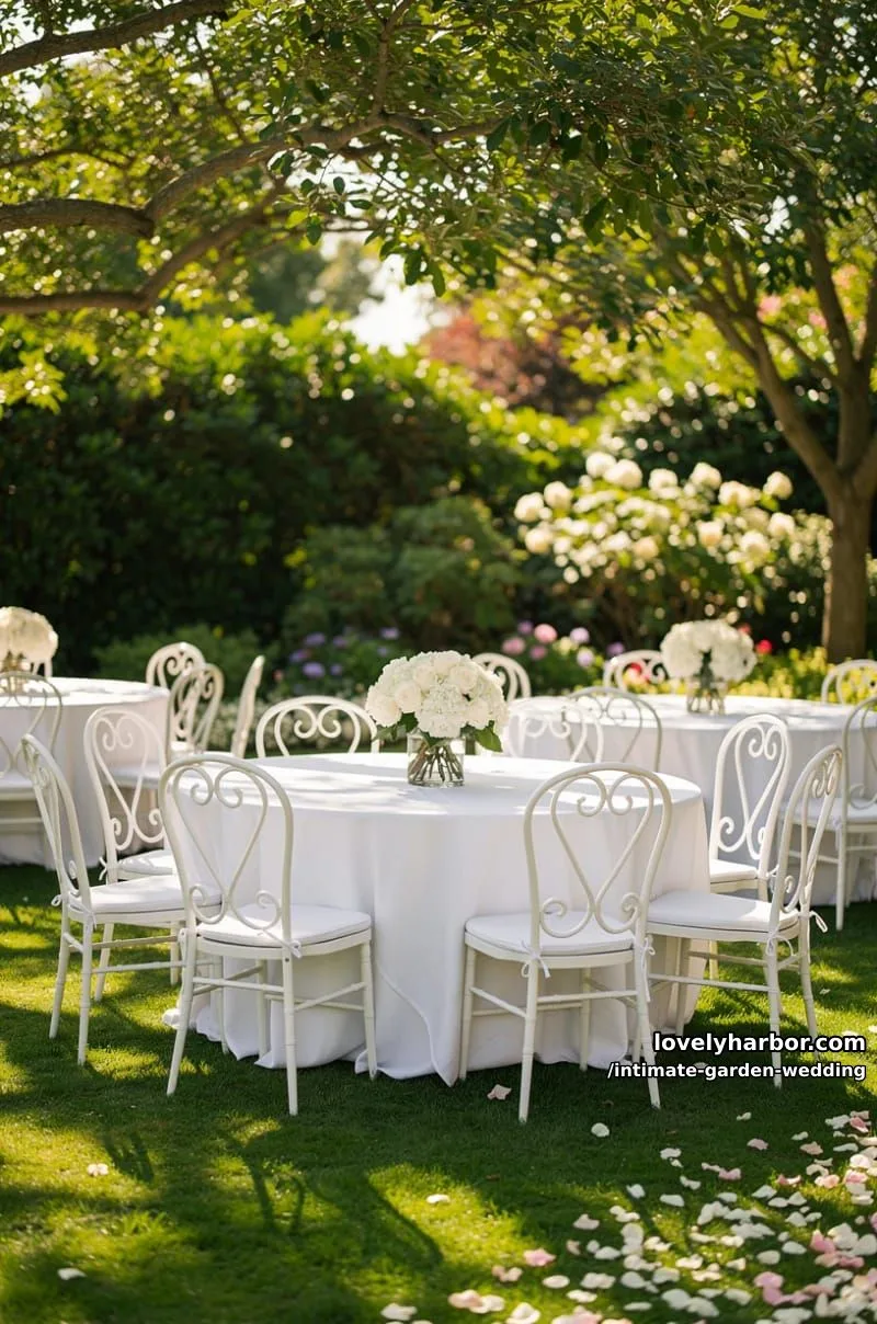 garden setting with round tables, white linens, white floral centerpieces, sun-dappled 1