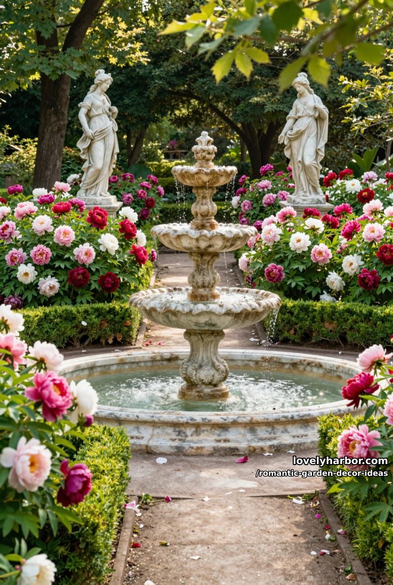 garden statues and classical fountains amidst vibrant peony beds 1