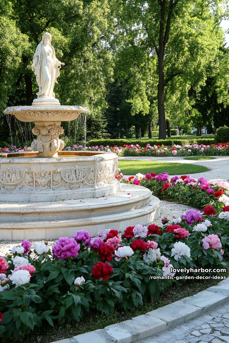 garden statues and classical fountains amidst vibrant peony beds 1