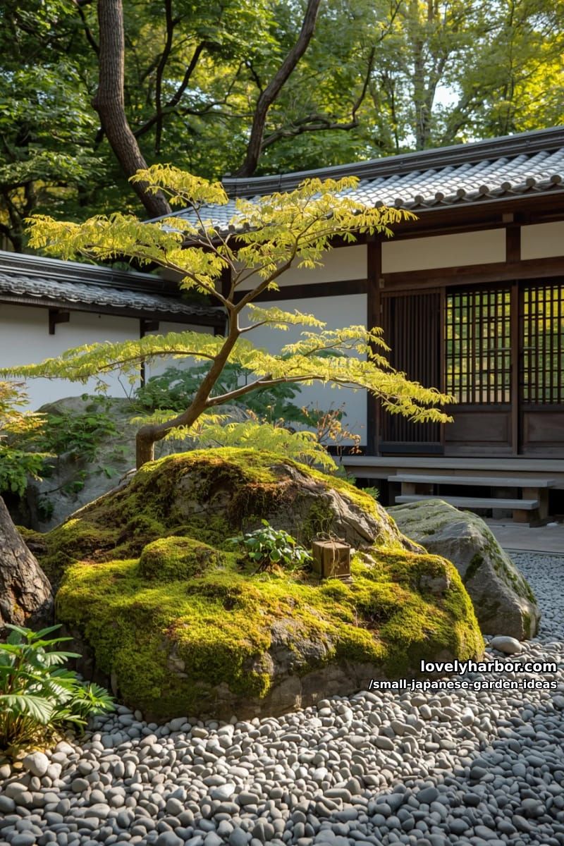 garden with grey pebbles, mossy rocks, maple, wooden beams, and sunlight. 1
