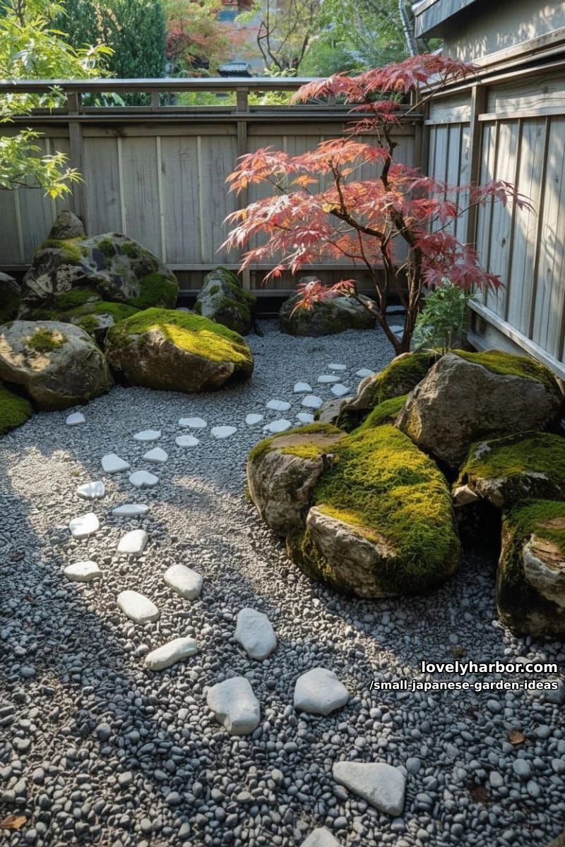garden with grey pebbles, mossy rocks, maple, wooden beams, and sunlight. 1