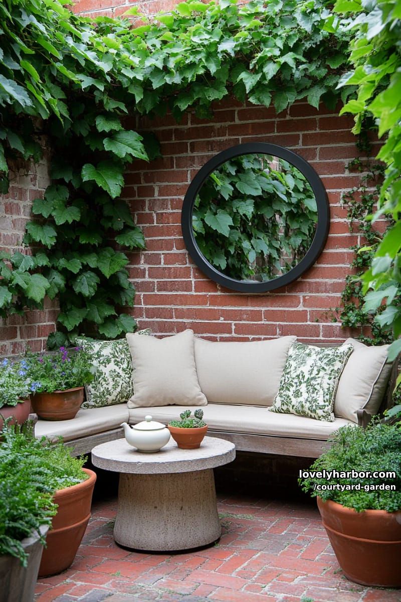 garden with l-shaped bench, dense foliage, and round mirror on brick wall 1