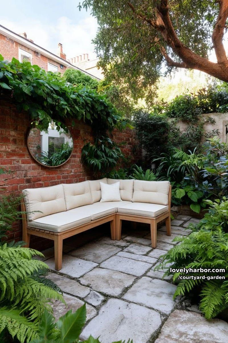 garden with l-shaped bench, dense foliage, and round mirror on brick wall 1