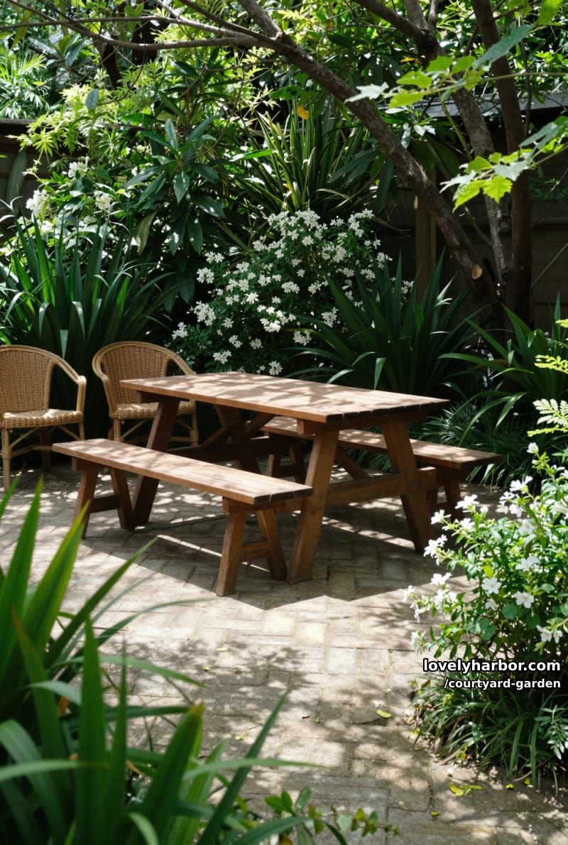 garden with picnic table, herringbone brick patio, and secluded greenery 1