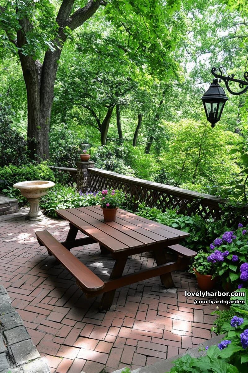 garden with picnic table, herringbone brick patio, and secluded greenery 1