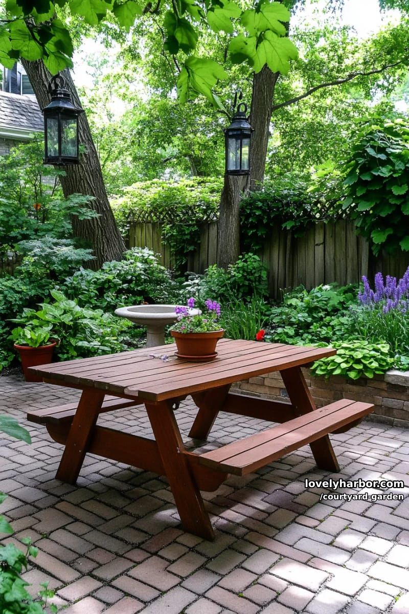 garden with picnic table, herringbone brick patio, and secluded greenery 1