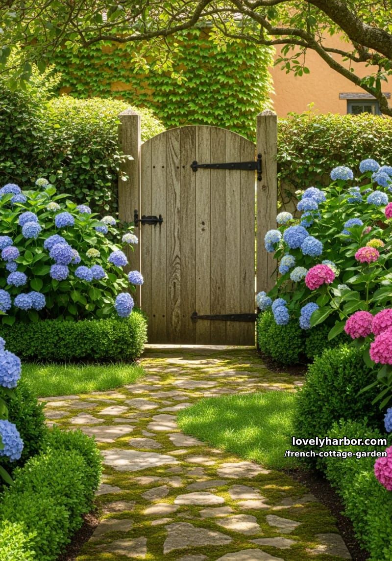 garden with rustic wooden gate, hydrangeas, boxwood hedges, and stone pathway 1