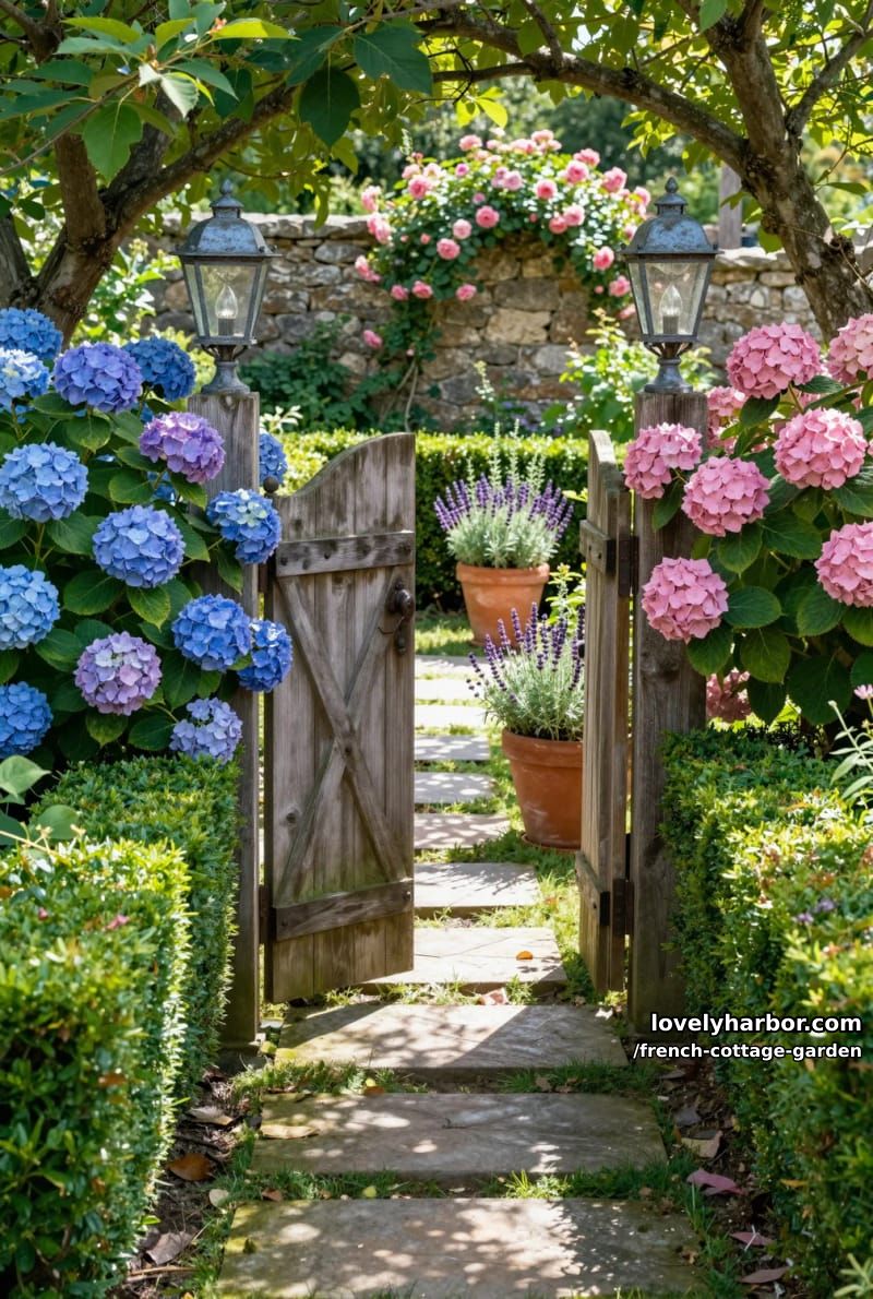 garden with rustic wooden gate, hydrangeas, boxwood hedges, and stone pathway 1
