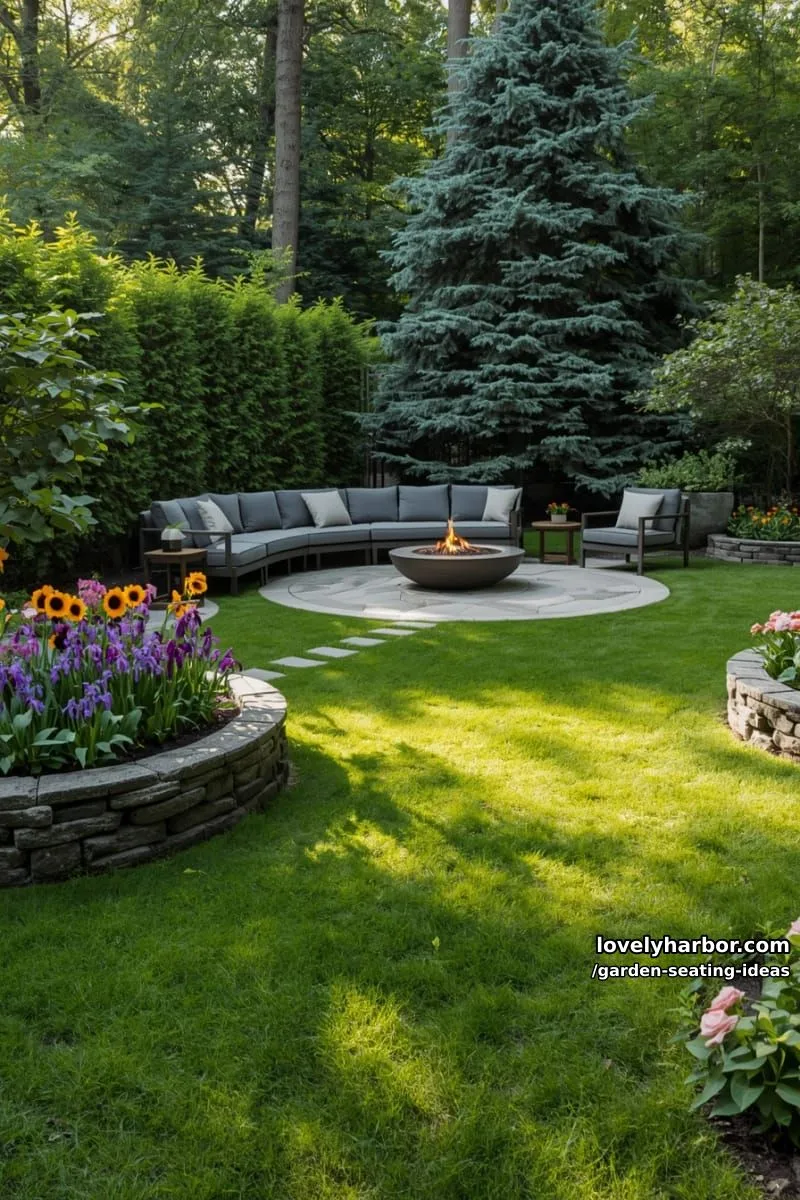garden with stone path, flower beds, fire pit, sectional, and wooden chairs 1