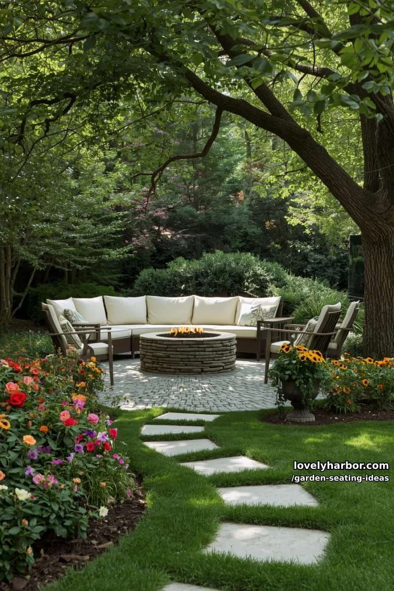 garden with stone path, flower beds, fire pit, sectional, and wooden chairs 1