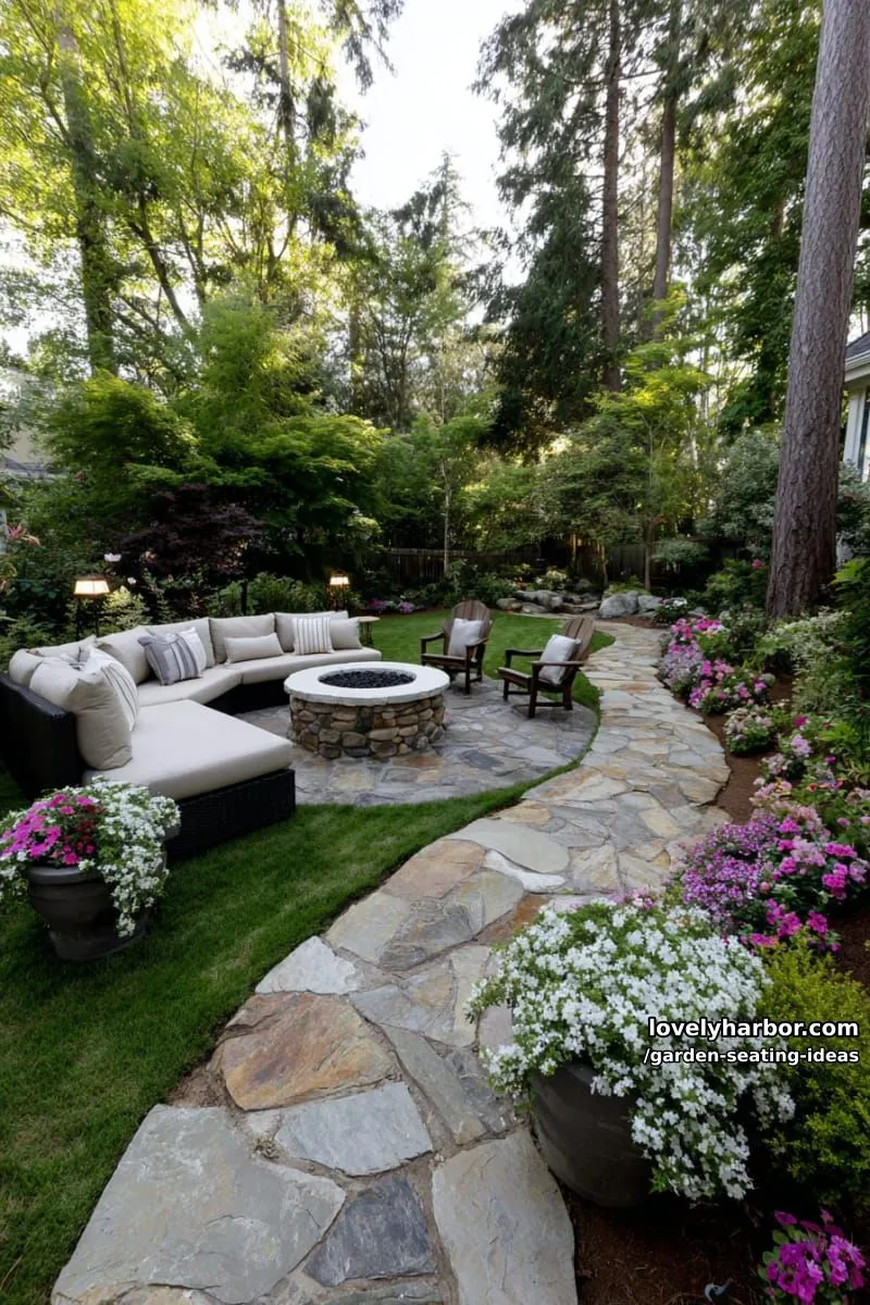 garden with stone path, flower beds, fire pit, sectional, and wooden chairs 1