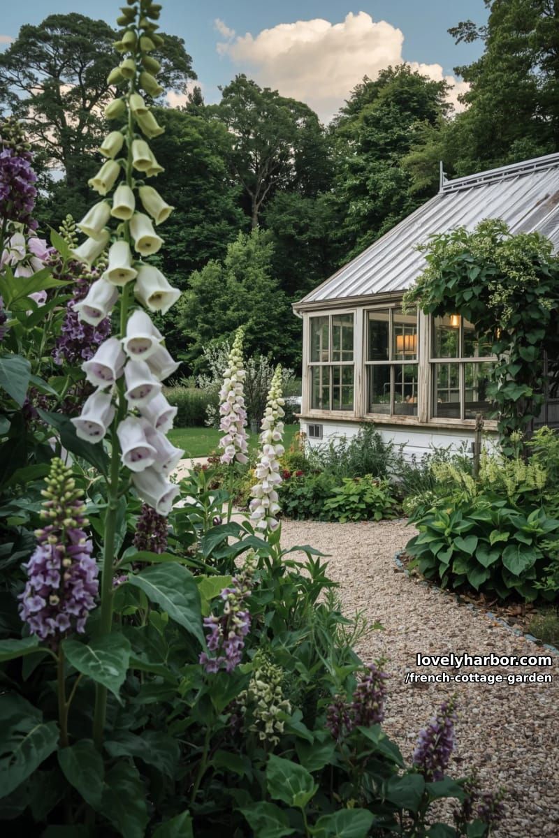 garden with tall foxgloves, lilacs, greenhouse, and climbing vines 1