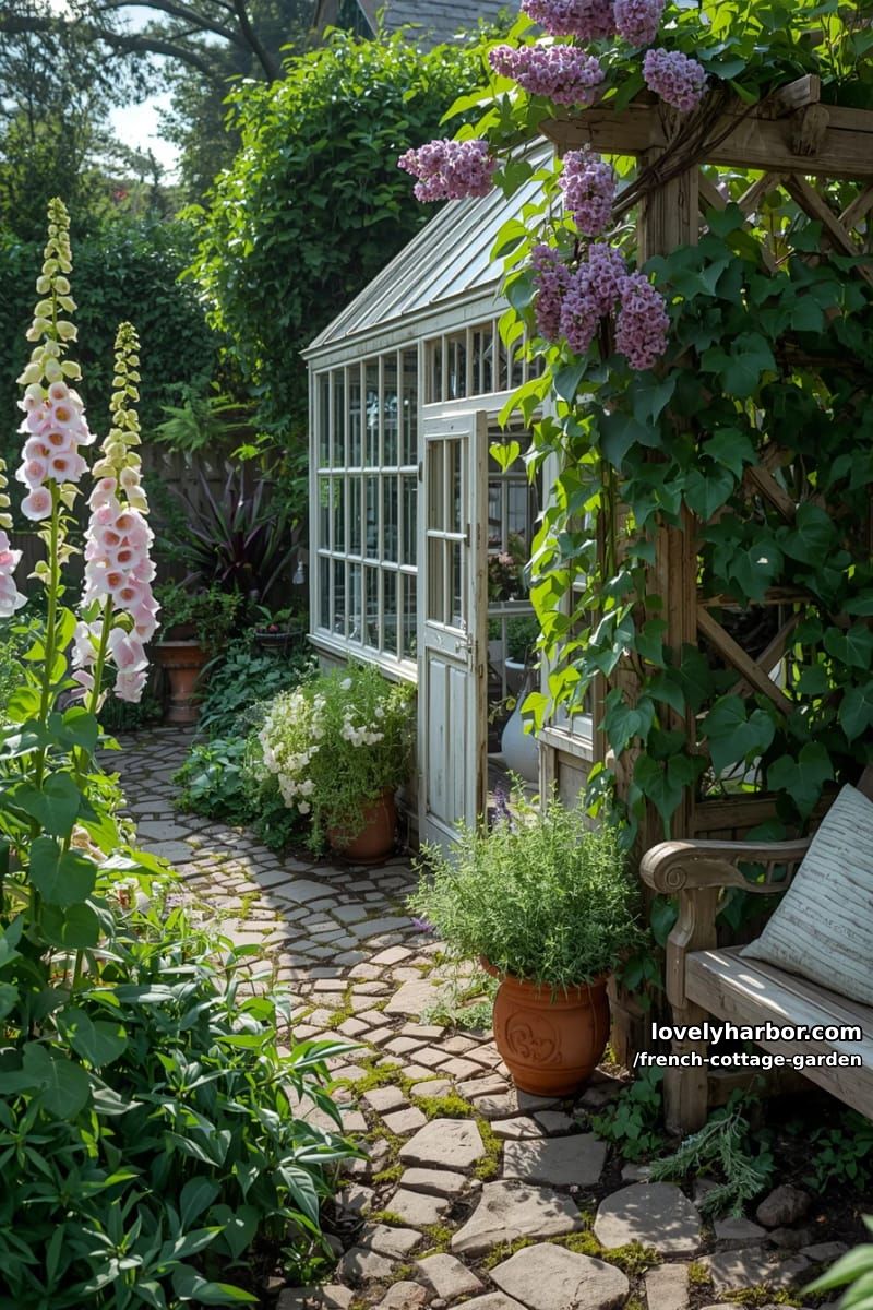 garden with tall foxgloves, lilacs, greenhouse, and climbing vines 1
