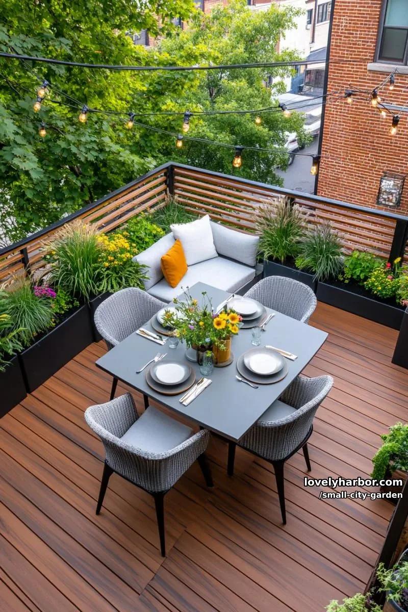 20 Small City Garden To Transform Your Space 45 garden with wooden deck, gray metal table, lush border, and second seating area. 1