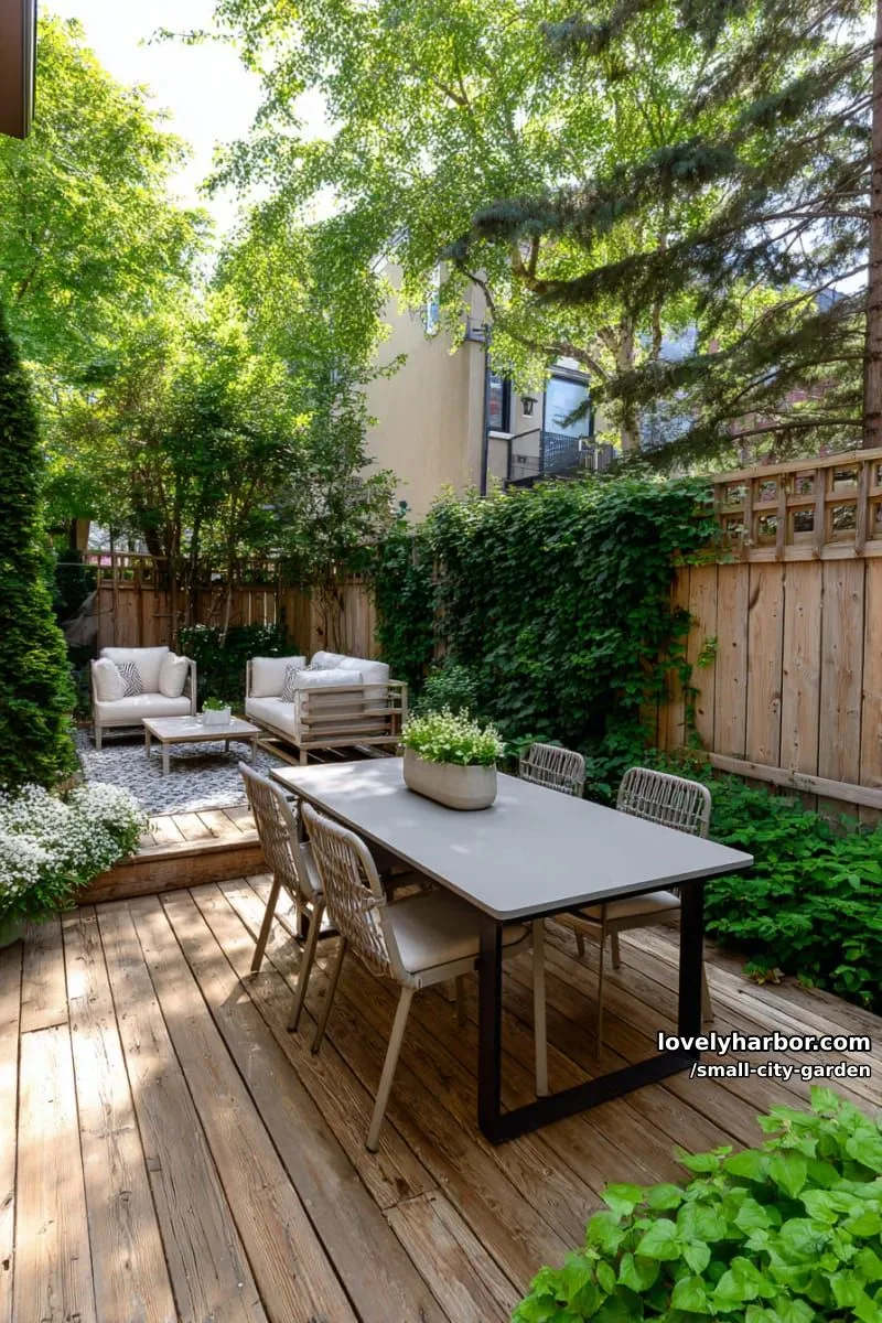 20 Small City Garden To Transform Your Space 46 garden with wooden deck, gray metal table, lush border, and second seating area. 1