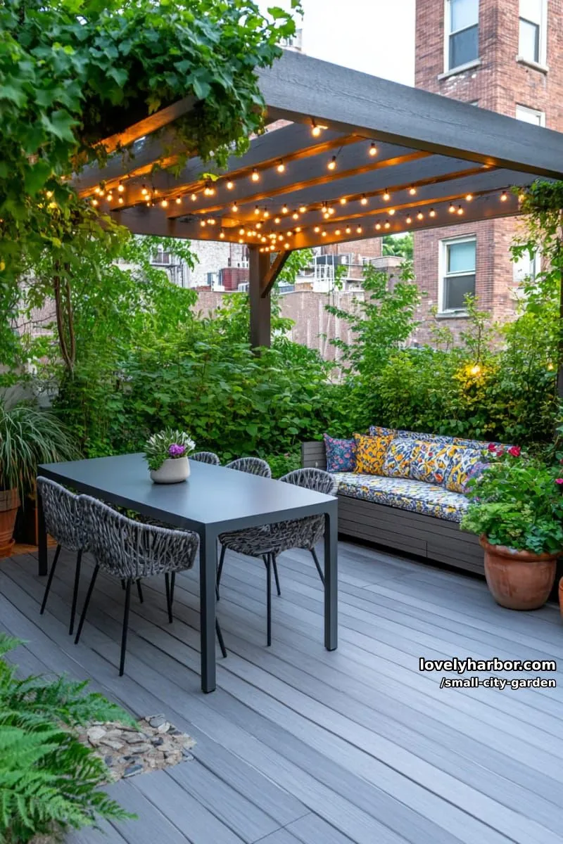 20 Small City Garden To Transform Your Space 47 garden with wooden deck, gray metal table, lush border, and second seating area. 1