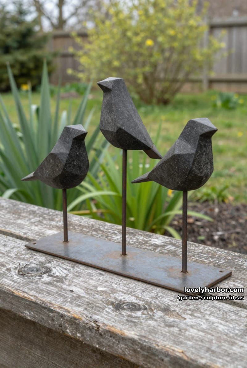 geometric angular bird sculptures on metal legs in outdoor garden scene. 1