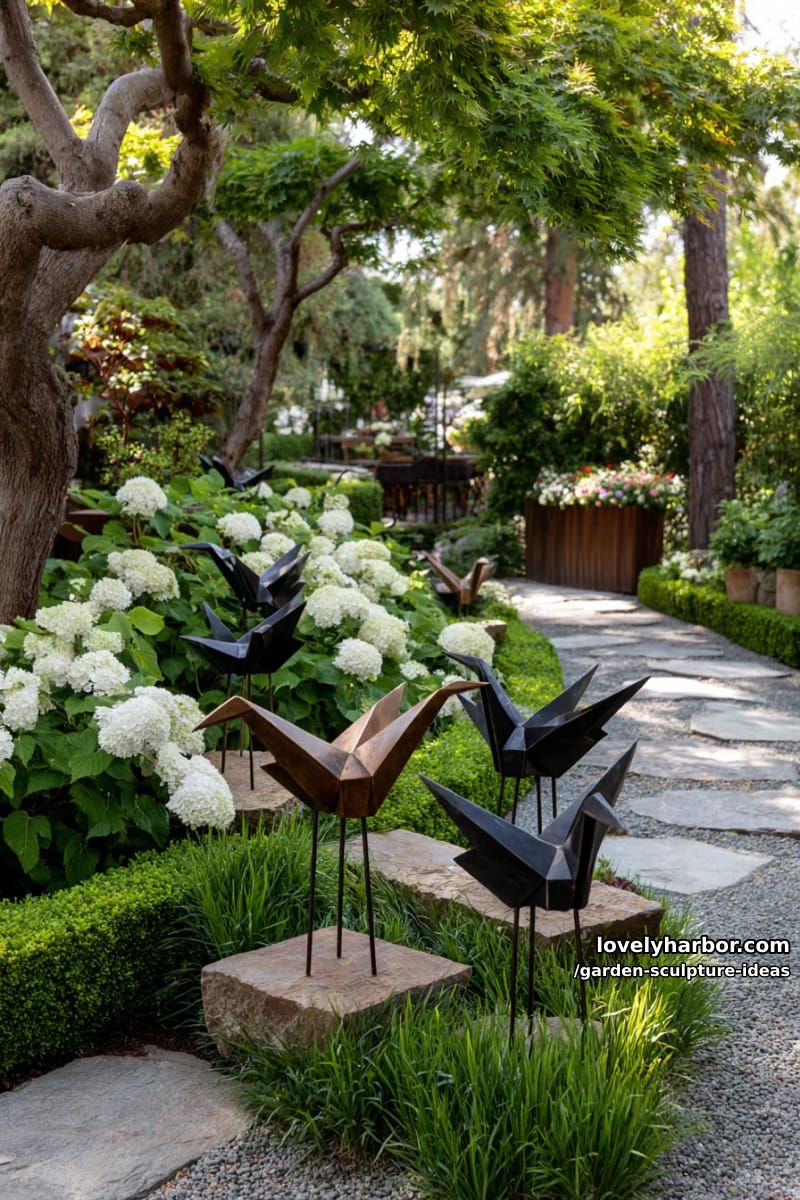 geometric angular bird sculptures on metal legs in outdoor garden scene. 1