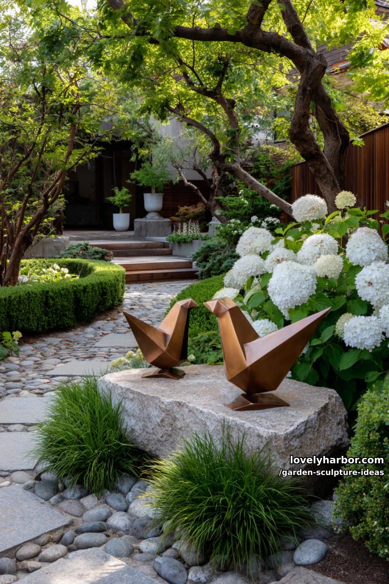 geometric angular bird sculptures on metal legs in outdoor garden scene. 1