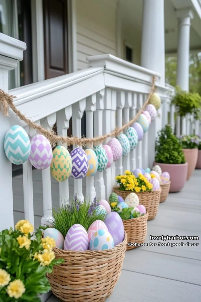 geometric egg garland strung along porch railings with mini flower bouquets 25