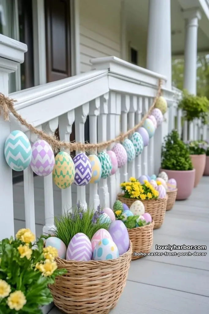 Easter 6 geometric egg garland strung along porch railings with mini flower bouquets 25